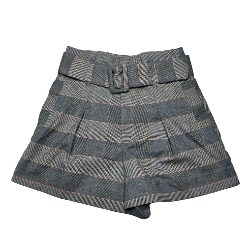 Zara Women's Grey Plaid Pleated Shorts with Belt, size Extra Small